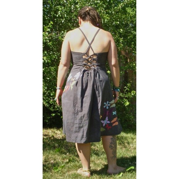 Handmade Hemp Organic Cotton Dress Knee LengthEmbroidered Boho Lagenlook Woodsy - Picture 8 of 16